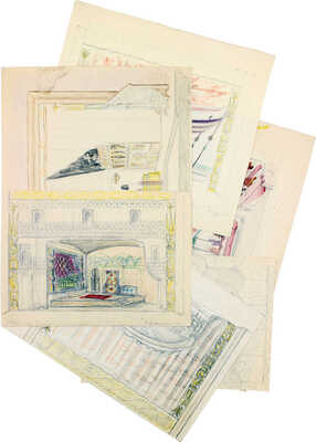 Фаворский Владимир Андреевич. Лот из шести эскизов декораций (на двух листах с оборотной стороны карандашные наброски) к спектаклю В.А. Соловьева «Великий государь», постановка Б.Е. Захавы. Москва, Государственный театр им. Е. Вахтангова